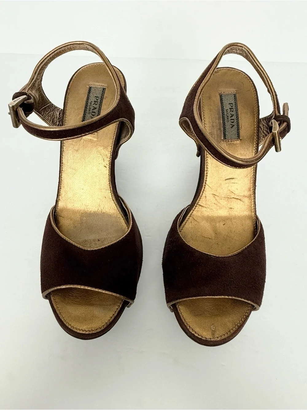Vintage Prada Brown Suede Studded Platform Wedge Slingback Sandals 35.5/5.5